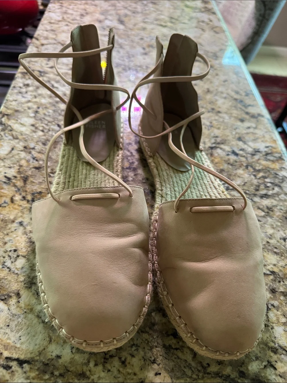 Eileen Fisher Neutral Beige Leather Espadrille Lace-Up Flats